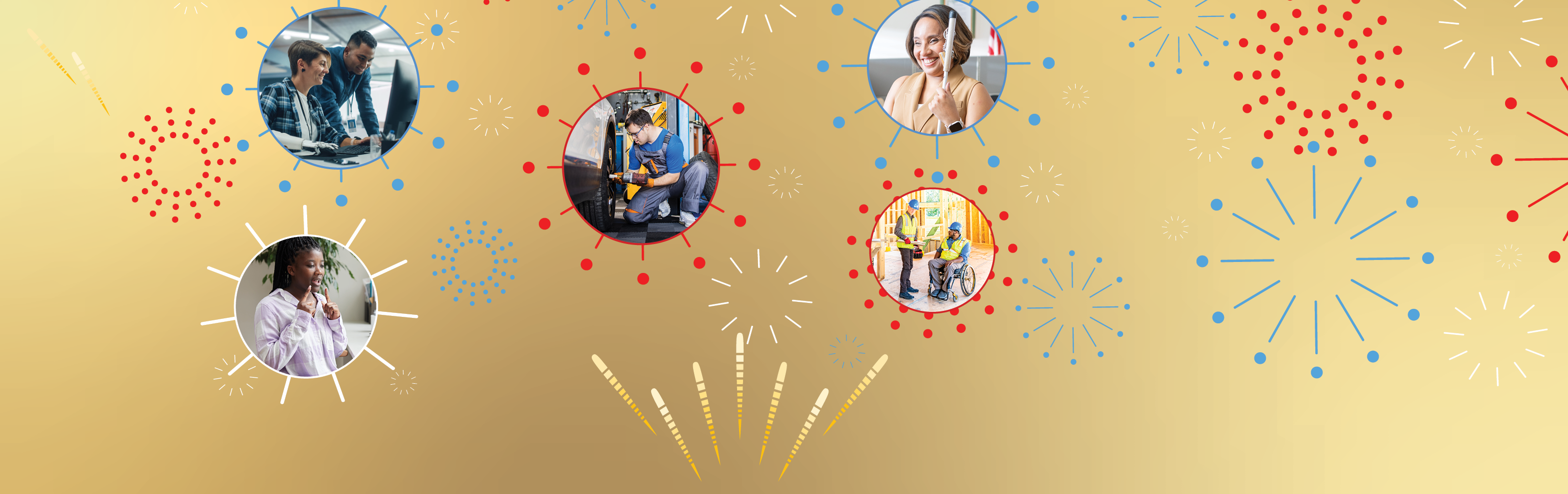 Gold background with images of workers with disabilities in circles 