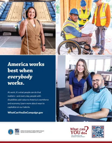 Poster showing collage of workers with disabilities in various settings. 
