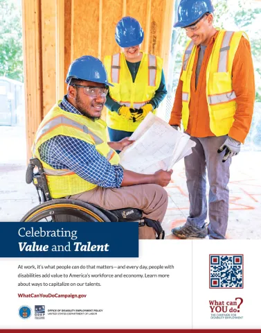 Poster showing man in a wheelchair working on a construction site.