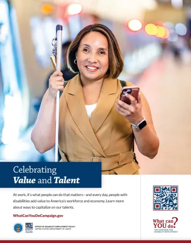 Poster showing woman with white cane in a subway station.
